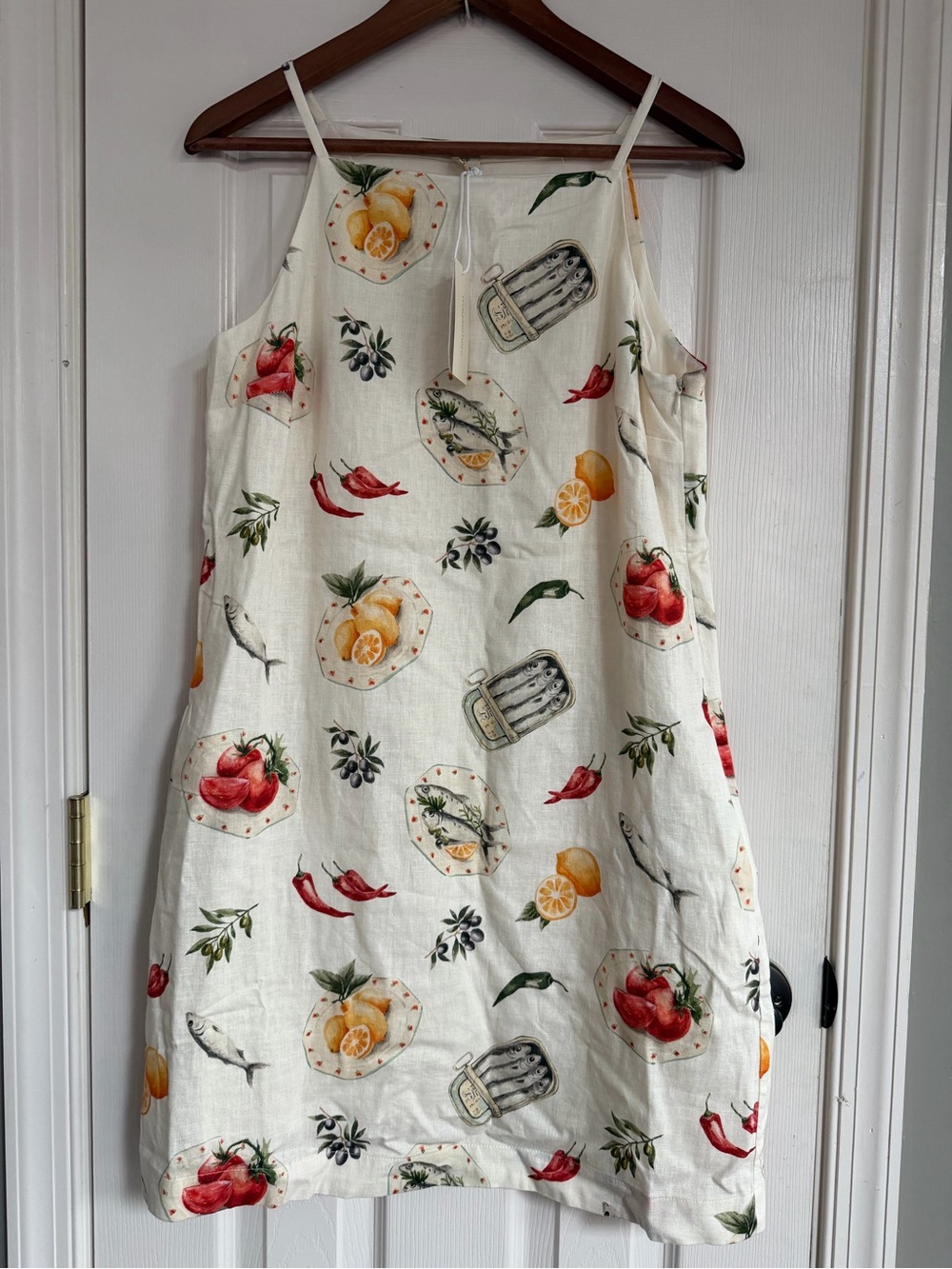NWT Women’s Magaschoni Cream citrus sardines Linen Sundress pockets S/P dress